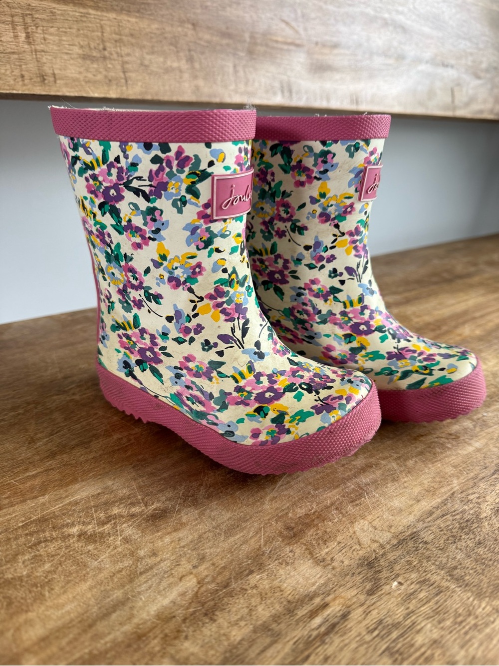 Joules Cream Floral Kids Rain Boots with Pink Trim